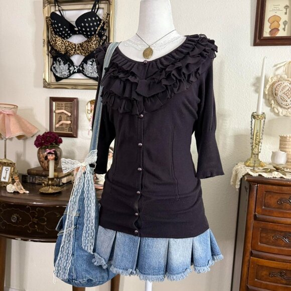 girly grunge twee preppy dark purple ruffle cropped sleeve cardigan - Picture 2 of 5